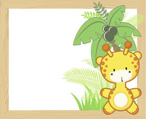 cute baby giraffe with tropical leaves and palm tree on empty wood frame for copy space, ideal for nursery art decoration or scrapbooking projects