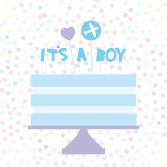 Its a boy. Sweet blue cake, blue cream, heart plane, baby shower banner design, card template, pastel colors on white polka dot background. Vector