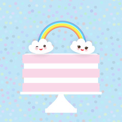 Kawaii Happy Birthday Sweet strawberry pink cake, white cream, clouds, rainbow, banner design, card template, pastel colors on sky blue polka dot background. Vector