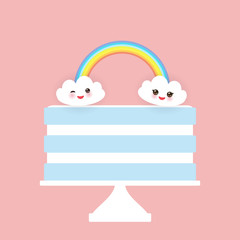 Kawaii Happy Birthday Sweet strawberry sky blue cake, white cream, clouds, rainbow, banner design, card template, pastel colors on pink background. Vector