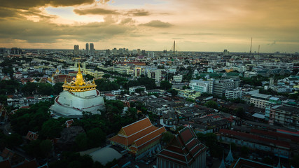  'Golden Mountain '  Wat Saket Ratcha Wora Maha Wihan popular Bangkok tourist attraction , Landmarks of bangkok Thailand .  top view
