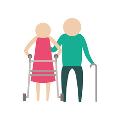 color silhouette pictogram elderly couple with walking sticks vector illustration