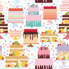 Seamless pattern Birthday, valentines day, wedding, engagement. Set sweet cake, Cake Stand, fresh fruits berries, chocolate icing sprinkles, cake pops, pastel colors on white background. Vector