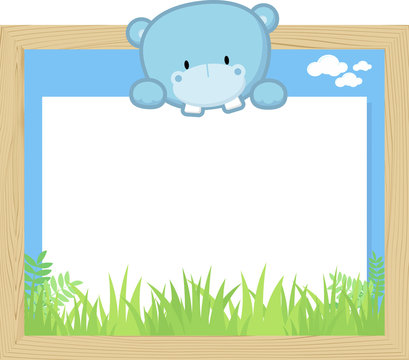 wood frame with cute baby hippo and blank board for copy space, design for children