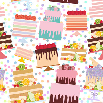 Seamless pattern Birthday, valentine's day, wedding, engagement. Set sweet cake, Cake Stand, fresh fruits berries, chocolate icing sprinkles, cake pops, pastel colors on white background. Vector