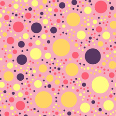 Colorful polka dots seamless pattern on bright 25 background. Attractive classic colorful polka dots textile pattern. Seamless scattered confetti fall chaotic decor. Abstract vector illustration.