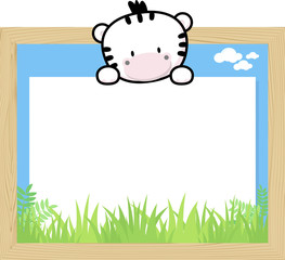 wood frame with cute baby zebra and blank board for copy space, design for children