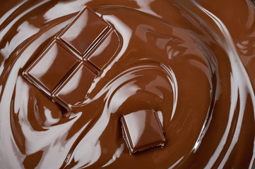 Melted pieces of chocolate bar in chocolate splash background. Top view.