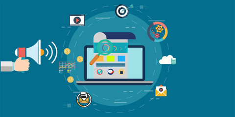 Hand holding megaphone and business media icons. digital marketing flat style vector illustration