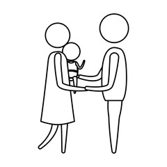sketch silhouette of pictogram woman carrying a baby and holding hands of man in clothes vector illustration