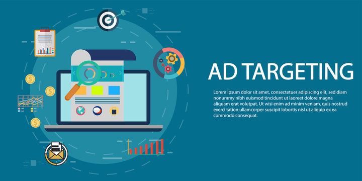 Targeting audience through advertising, branding, and digital media marketing flat vector concept with icons