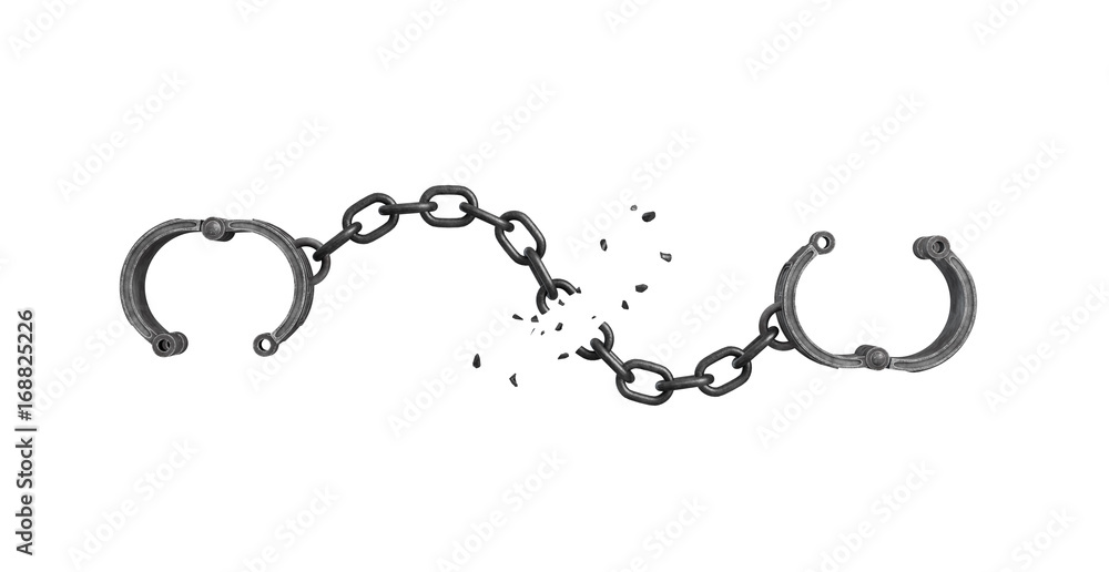 Aufkleber 3d rendering of open arm shackles hanging on white background with a broken chain.