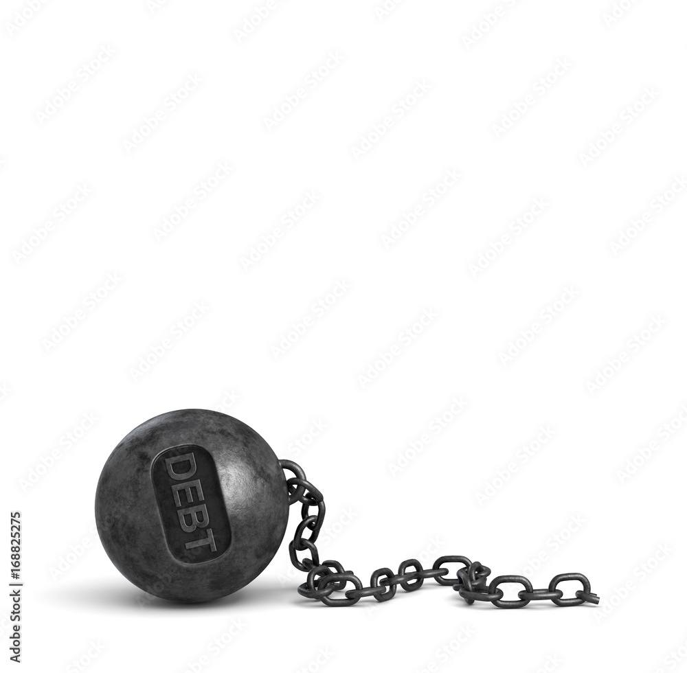 Aufkleber 3d rendering of a broken iron chain that used to hold a large iron wrecking ball with letters debt o