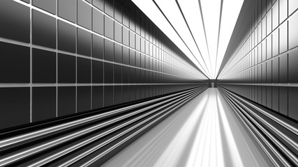 Empty black and white corridor with tile, pipes, and door. 3D Rendering.