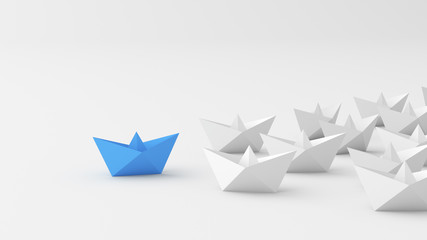 Leadership concept, blue leader boat, leading whites. 3D Rendering.