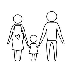 sketch silhouette of pictogram parents with mother pregnancy and little girl holding hands