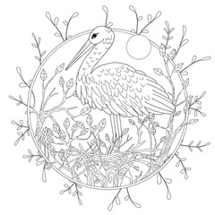 Stylized pelican bird among foliage. Freehand sketch for adult anti stress coloring book page