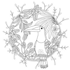 Coloring for adult bird toucan. Exotic tropical plants