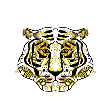 tiger head decorated with Indian ornament.