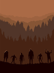 Fototapeta premium Silhouette of Zombie horde was exiting out of the graveyard at night. Ideal for Halloween theme poster and other.