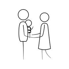 sketch thin contour of pictogram man carrying a baby and holding hands of woman in dress