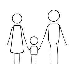 sketch thin contour of pictogram parents with a little boy holding hands in clothes