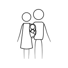 sketch thin contour of pictogram parents with a baby girl wrapped in a blanket