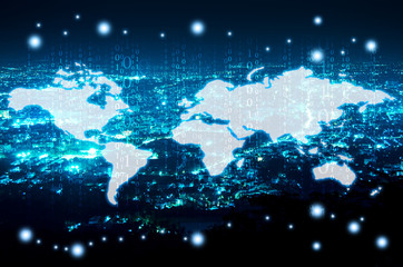 digital technology and world map  over night city background