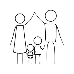 sketch thin contour of pictogram parents holding hands up and baby and boy in the middle of them