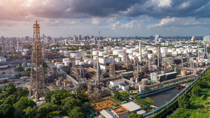Fototapeta na wymiar Aerial view of Oil and gas industry - refinery, Shot from drone of Oil refinery and Petrochemical plant, Bangkok, Thailand