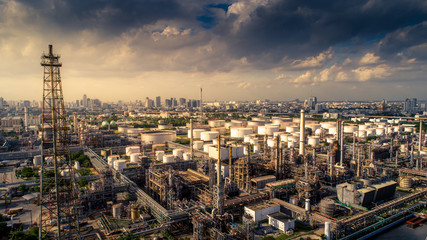 Aerial view of Oil and gas industry - refinery, Shot from drone of Oil refinery and Petrochemical plant, Bangkok, Thailand