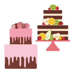 Birthday, valentines day, wedding, engagement. Set cake, strawberry pink cream chocolate sprinkles, cake pops, cake decorated with fresh fruits berries, pastel colors on white background. Vector