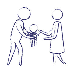 blurred blue silhouette of pictogram man carrying a baby and woman in dress vector illustration