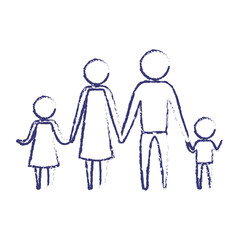 blurred blue silhouette of pictogram parents with a girl and little boy holding hands vector illustration