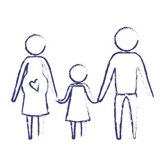 blurred blue silhouette of pictogram parents with mother pregnancy and girl holding hands vector illustration