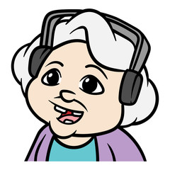 Cartoon Granny Character Wearing Headphones