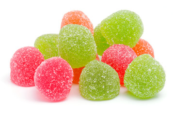 Colored jelly sweet sugar candies isolated on white background 