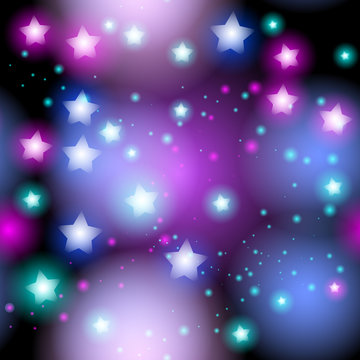 Abstract starry seamless pattern with neon star on bright pink and lilac, blue black background. Galaxy Night sky with stars. Vector