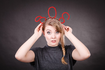 Frightened woman with sos help sign.