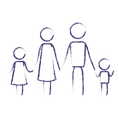 blurred blue contour of pictogram parents with a girl and little boy holding hands vector illustration