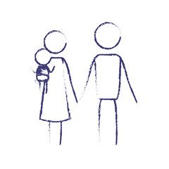 blurred blue contour of pictogram parents with a little girl carrying vector illustration