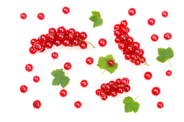 Red currant berries with leaf isolated on white background