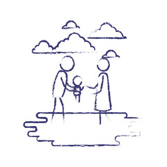 blurred blue contour of sky landscape and grass with pictogram man carrying a baby and woman vector illustration