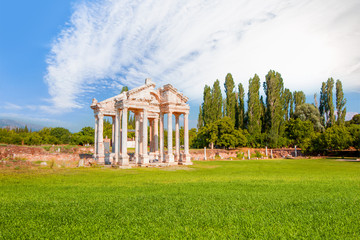 Fototapeta na wymiar The Tetrapylon ruins, once a monumental gate in Aphrodisias Turkey