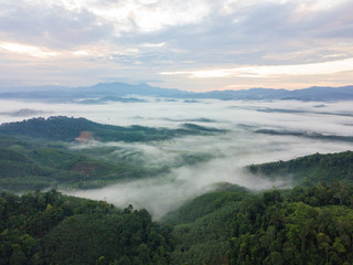 Obraz premium Landscape of misty mountain forest covered hills at khao khai nui