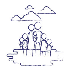 blurred blue contour of sky landscape and grass with pictogram big family vector illustration