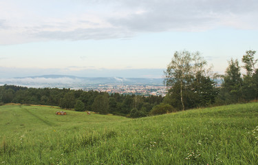 Ceske Budejovice in morning fog with trees and meadow in front, Czech landscape