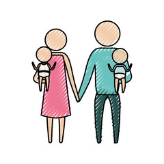 color crayon silhouette pictogram parents with a baby boy and girl carrying vector illustration