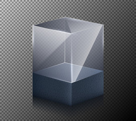 Vector illustration of a realistic, transparent, glass cube isolated on a gray background. 3-D design