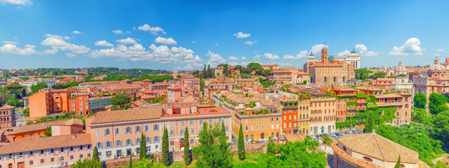 Obraz premium Panorama from the Roman Forum and Palatine Hill(Collina del Palatino ) on top of Rome.